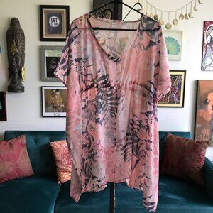 APANA size M Sheer Pink Pale Print Drawstring Kaftan Tunic Cover Up Caftan